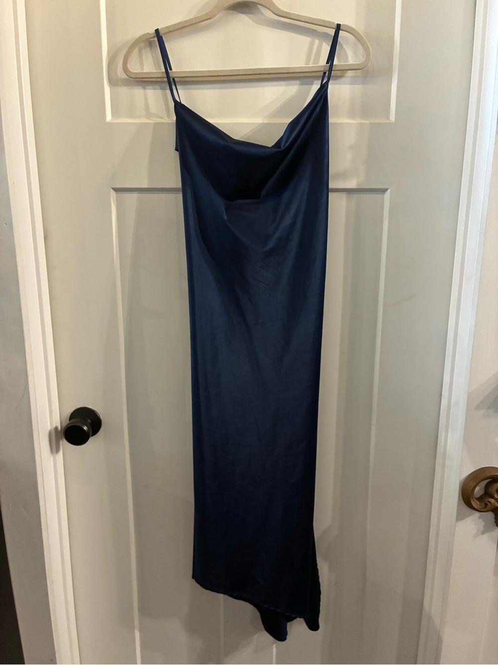 Satin Navy Cowl Neck Slip Dress with Spaghetti Straps